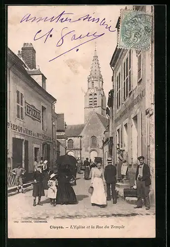 AK Cloyes, L`Eglise et la Rue du Temple