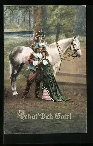 AK Behüt Dich Gott!, Trompeter mit Frau vor Pferde