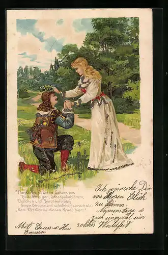 Glitzer-AK Waldfest, Margareta flocht im Scherz aus Haselzweigen..., Frau legt Trompeter Kranz auf