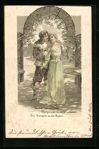 Präge-AK Ueberraschung, Margareten muss er schauen, Die Trompete an den Lippen