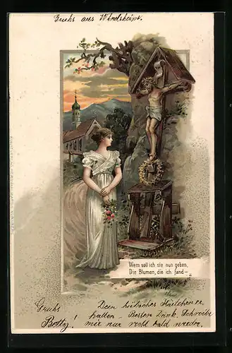 Präge-AK Junge Frau am Flurkreuz, Im Hintergrund Kirche