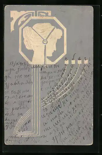 Präge-AK Junge Frau mit Kopfschmuck, Jugendstil