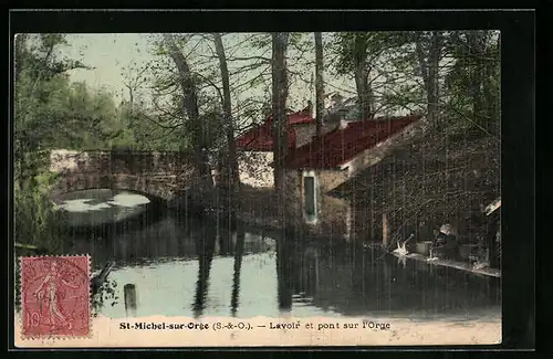 AK St-Michel-Sur-Orge, Lavoir et pont sur l`Orge