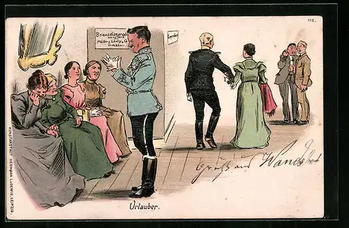 Künstler-AK Soldat in Uniform unterhält sich mit attraktiven Urlauberinnen