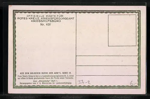 AK Rotes Kreuz Nr. 431: Franz Jesely bei der Rettung seiner Pferde