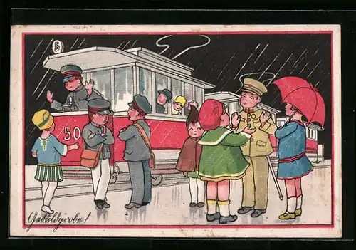 AK Kinder unterhalten sich mit Soldaten und Schaffner einer Strassenbahn