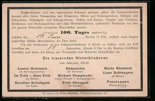 AK Hinscheiden des 100. Tages, Humoristische Todesanzeige