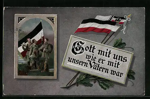 AK Soldaten blicken gegen Himmel, Reichskriegsflagge und Kaiserreichsflagge