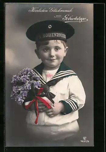 AK Kind mit MS Hohenzollernmütze und Blumenstrauss - Geburtstagsgruss