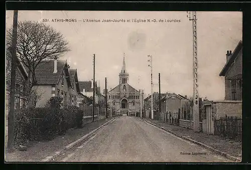 AK Athis-Mons, L`Avenue Jean-Jaurès et l`Église N.-D. de Lourdes