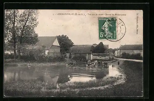 AK Germainville, Vue sur la mare, Route de Marsauceux