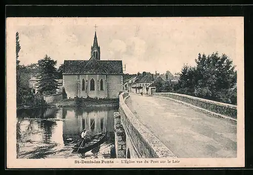 AK Saint-Denis-les Ponts, L`Eglise vue du Pont sur le Loir