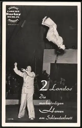 Fotografie G.M. Siwert, Ansicht Berlin, Circus Barlay, Akrobaten Zwei Landos mit ihrer Vorstellung am Schleuderbrett