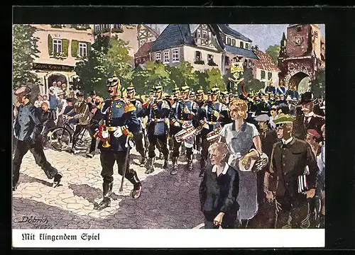 Künstler-AK Döbrich-Steglitz: Soldaten beim Ausmarsch mit klingendem Spiel