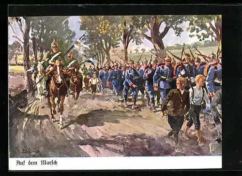 Künstler-AK Döbrich-Steglitz: Infanterie und Kavallerie auf dem Marsch
