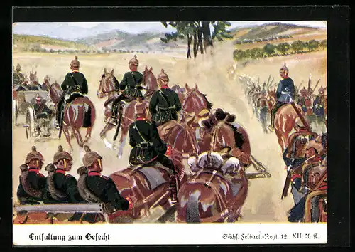 Künstler-AK Döbrich-Steglitz unsign.: Sächs. Feldart.-Regt. 12, Entfaltung zum Gefecht