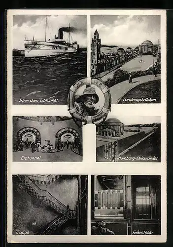 AK Hamburg-St. Pauli, Elbtunnel, Fahrstühle, Treppe, Landungsbrücken