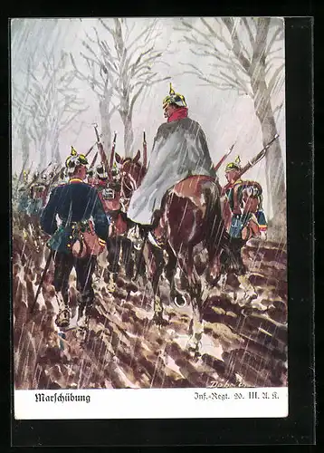 Künstler-AK Döbrich-Steglitz: Marschübung, Inf.-Regt. 20 im Regen