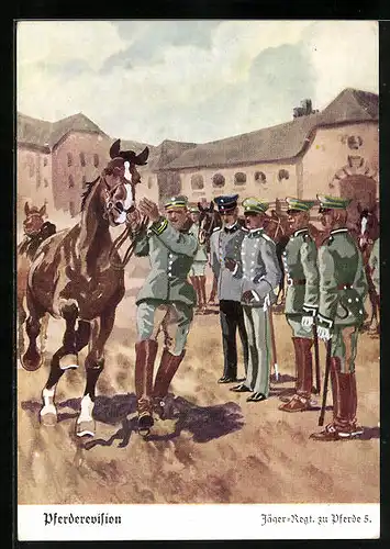 Künstler-AK Döbrich-Steglitz: Pferderevision beim Jäger-Regt. zu Pferde 5