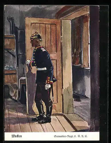 Künstler-AK Döbrich-Steglitz: Wecken beim Grenadier-Regt. 9