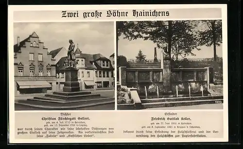 AK Hainichen, Denkmäler von Christian Fürchtegott Gellert und Friedrich Gottlob Keller