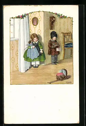 Künstler-AK Pauli Ebner: Schüchterner Junge mit Geschenk für Mädchen mit Puppe