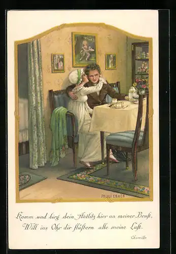Künstler-AK Pauli Ebner: Verliebtes Paar in der guten Stube beim Tee sitzend