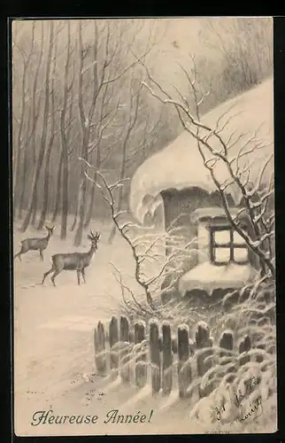 Künstler-AK R. Ulreich: Hütte im Wald mit Rehen im Schnee