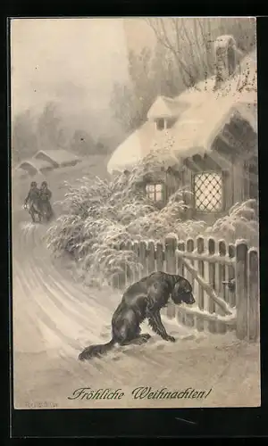 Künstler-AK R. Ulreich: Trauriger Hund im Schnee vor Gartenzaun