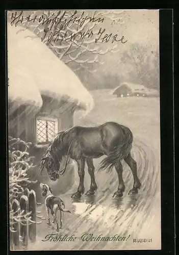 Künstler-AK R. Ulreich: Pferd und Hund vor erleuchtetem Haus im Schnee
