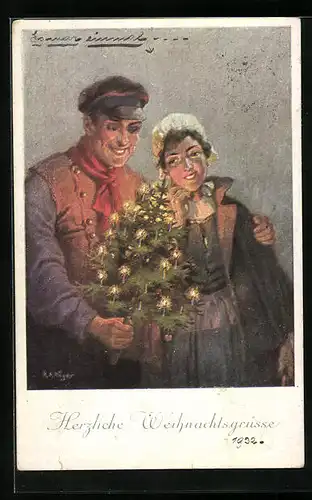 Künstler-AK Rudolf Alfred Höger: Glückliches Paar am Weihnachtsbaum