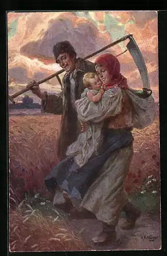 Künstler-AK Rudolf Alfred Höger: Bauernfamilie am abendlichen Kornfeld