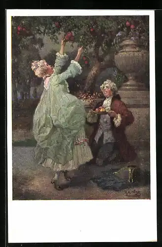 Künstler-AK Rudolf Alfred Höger: Äpfel pflücken in alter Zeit