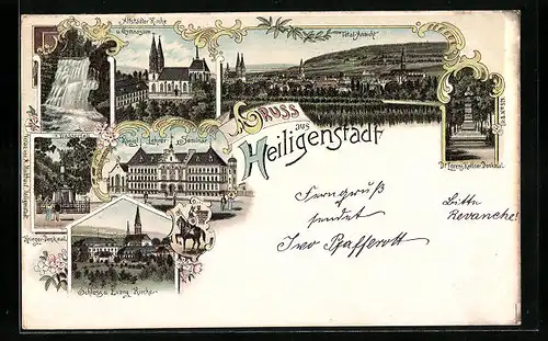 Lithographie Heiligenstadt, Schloss u. Ev. Kirche, Kgl. Lehrer-Seminar, Wasserfall