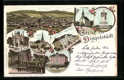 Lithographie Dingelstädt, Krankenhaus, Töchter-Institut, Kerbsche Berg mit Franziskaner Kirche