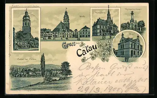 Lithographie Calau, Rathaus, Markt, Post