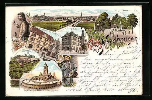 Lithographie Nordhausen, Riesenhaus und Lutherdenkmal, Gehege, Rathaus