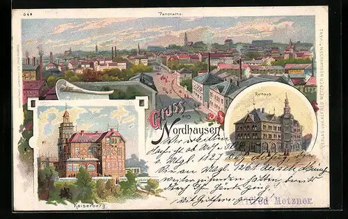Lithographie Nordhausen, Rathaus, Kaiserberg, Panorama