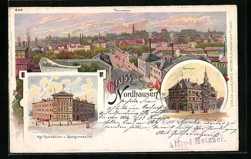 Lithographie Nordhausen, Rathaus, Kgl. Gymnasium und Realgymnasium, Panorama