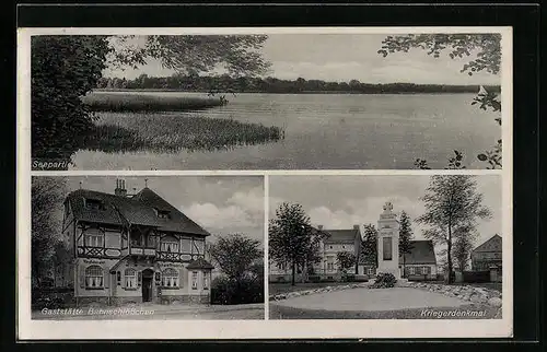 AK Rehagen /Krs. Teltow, Gaststätte Bahnschlösschen, Kriegerdenkmal