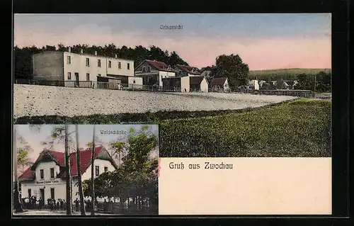 AK Zwochau, Gasthaus Waldschänke, Ortsansicht
