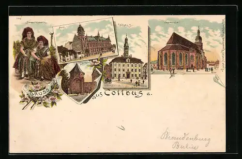 Lithographie Cottbus, Oberkirche, Post, Rathaus, Münzthurm