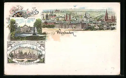 Lithographie Wiesbaden, Fach-Ausstellung für das Hotel-Wirtschaftswesen u. verwandte Gewerbe 1896, Kurhaus