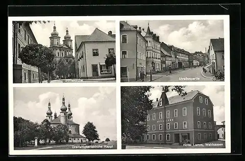 AK Waldsassen, Hotel Lamm, Strassenpartie mit Geschäften, Dreifaltigkeitskirche Kappl