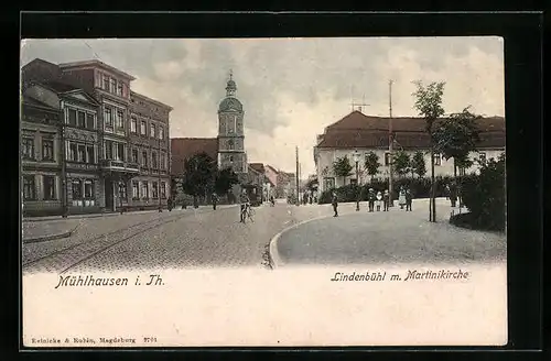 AK Mühlhausen i. Th., Strasse Lindenbühl mit Restaurant und Martinikirche