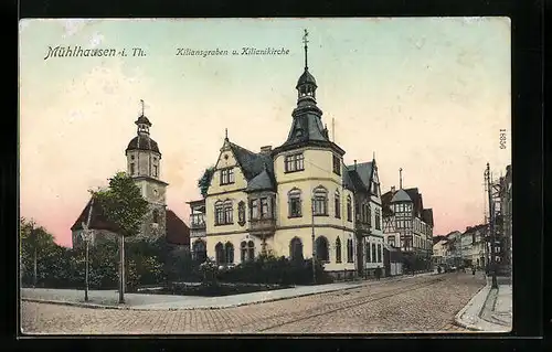 AK Mühlhausen i. Th., Strasse Kiliansgraben und Kilianikirche