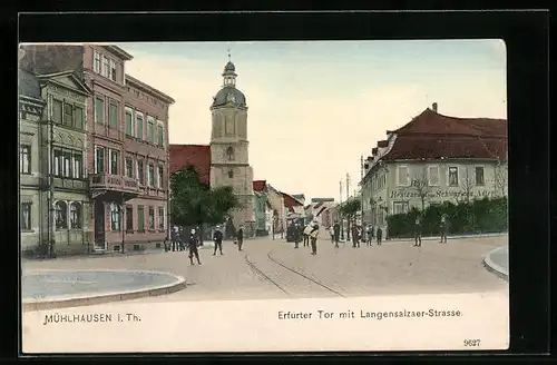 AK Mühlhausen /Th., Erfurter Tor mit Langensazaer-Strasse, Restaurant zum Schwarzen Adler