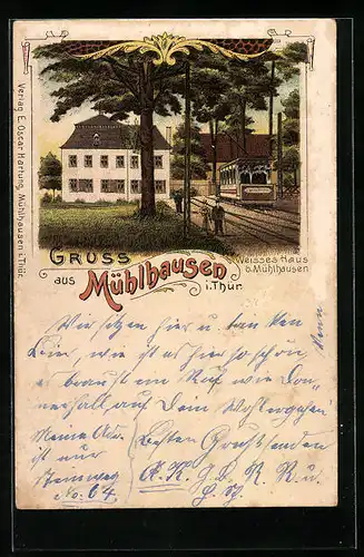 Lithographie Mühlhausen /Th., Weisses Haus mit Strassenbahn