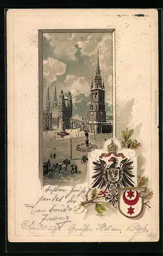 Passepartout-Lithographie Halle a. S., Marktplatz aus der Vogelschau, Wappen