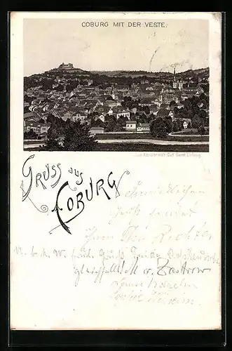 Lithographie Coburg, Gesamtansicht mit der Veste